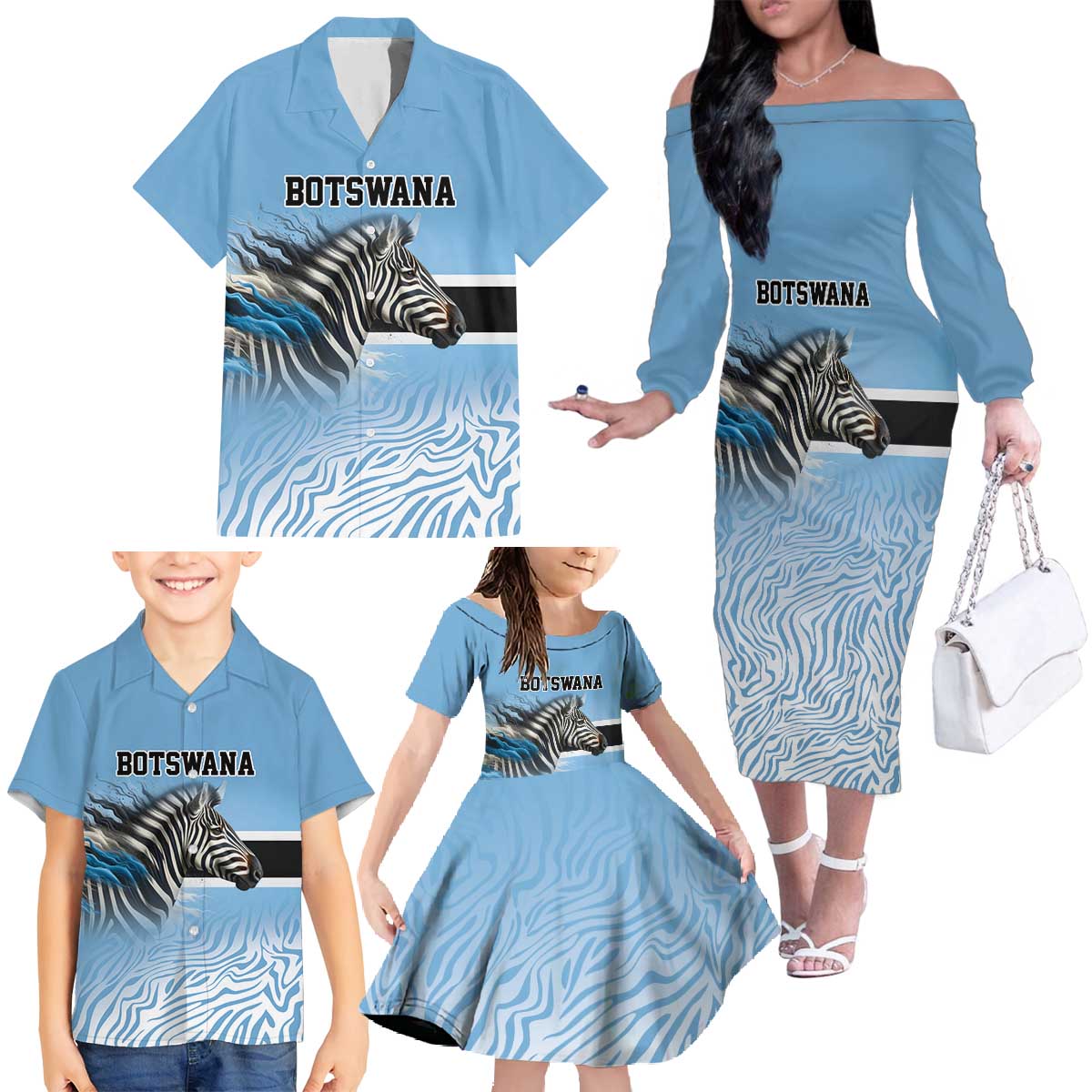 Botswana Independence Day 1966 Family Matching Off The Shoulder Long Sleeve Dress and Hawaiian Shirt Tribal Zebra Skins Pattern - Wonder Print Shop