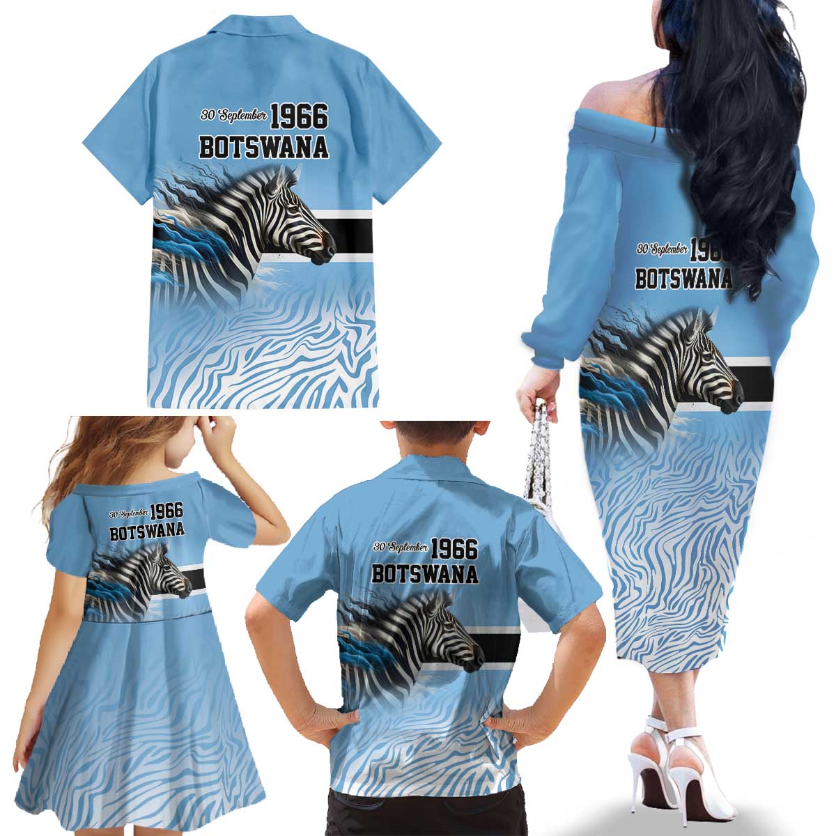 Botswana Independence Day 1966 Family Matching Off The Shoulder Long Sleeve Dress and Hawaiian Shirt Tribal Zebra Skins Pattern - Wonder Print Shop