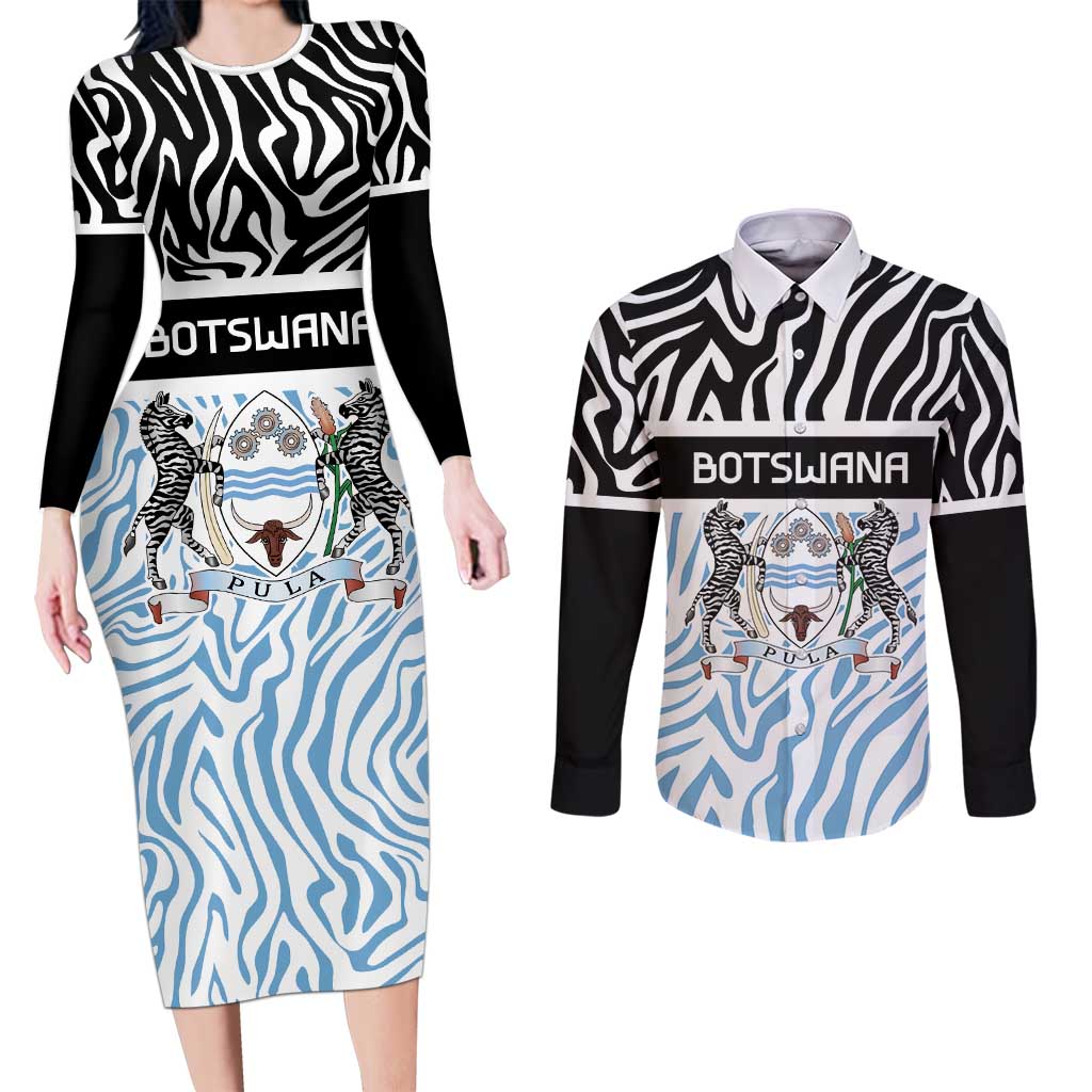 Botswana Personalized Couples Matching Long Sleeve Bodycon Dress and Long Sleeve Button Shirt Zebra Skins Pattern - Wonder Print Shop