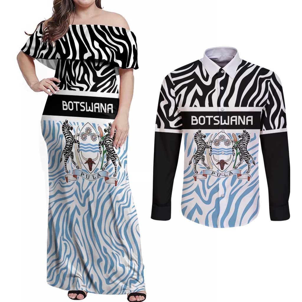 Botswana Personalized Couples Matching Off Shoulder Maxi Dress and Long Sleeve Button Shirt Zebra Skins Pattern - Wonder Print Shop