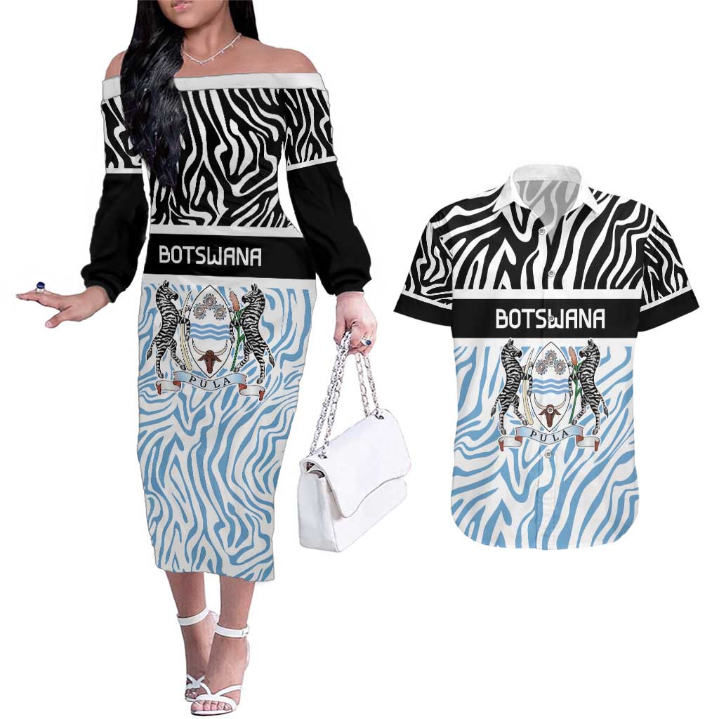 Botswana Personalized Couples Matching Off The Shoulder Long Sleeve Dress and Hawaiian Shirt Zebra Skins Pattern - Wonder Print Shop
