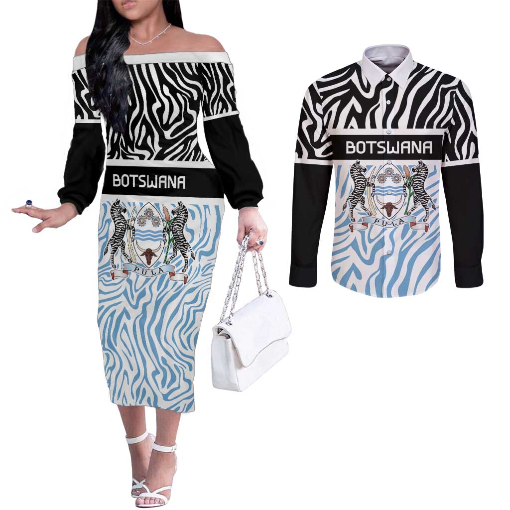 Botswana Personalized Couples Matching Off The Shoulder Long Sleeve Dress and Long Sleeve Button Shirt Zebra Skins Pattern - Wonder Print Shop