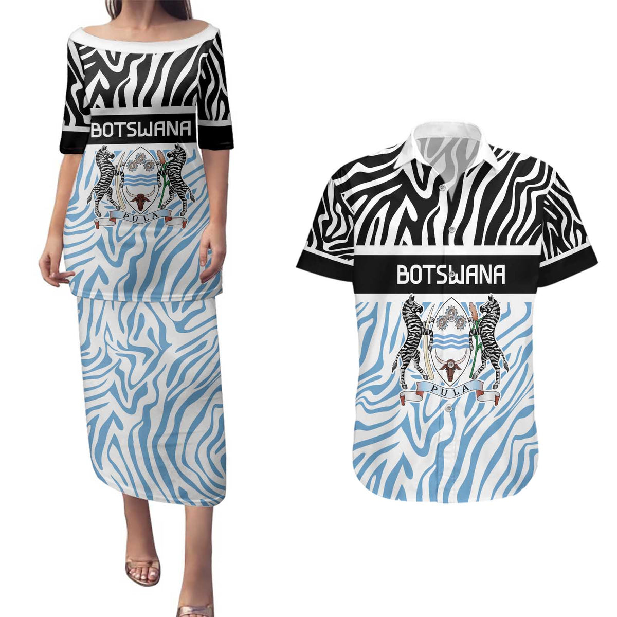 Botswana Personalized Couples Matching Puletasi and Hawaiian Shirt Zebra Skins Pattern - Wonder Print Shop