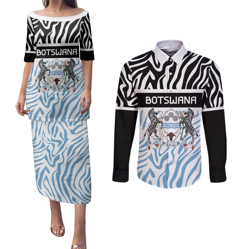 Botswana Personalized Couples Matching Puletasi and Long Sleeve Button Shirt Zebra Skins Pattern - Wonder Print Shop