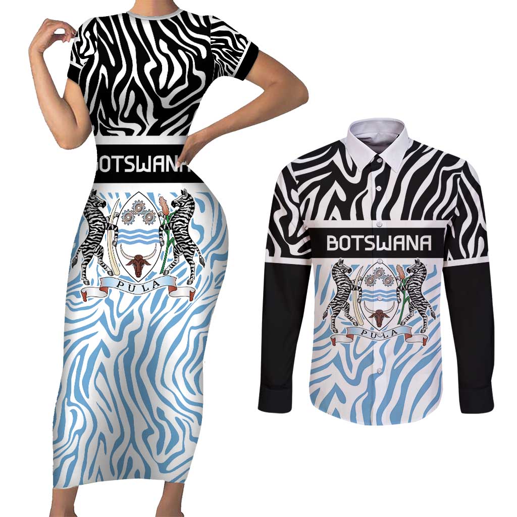 Botswana Personalized Couples Matching Short Sleeve Bodycon Dress and Long Sleeve Button Shirt Zebra Skins Pattern - Wonder Print Shop