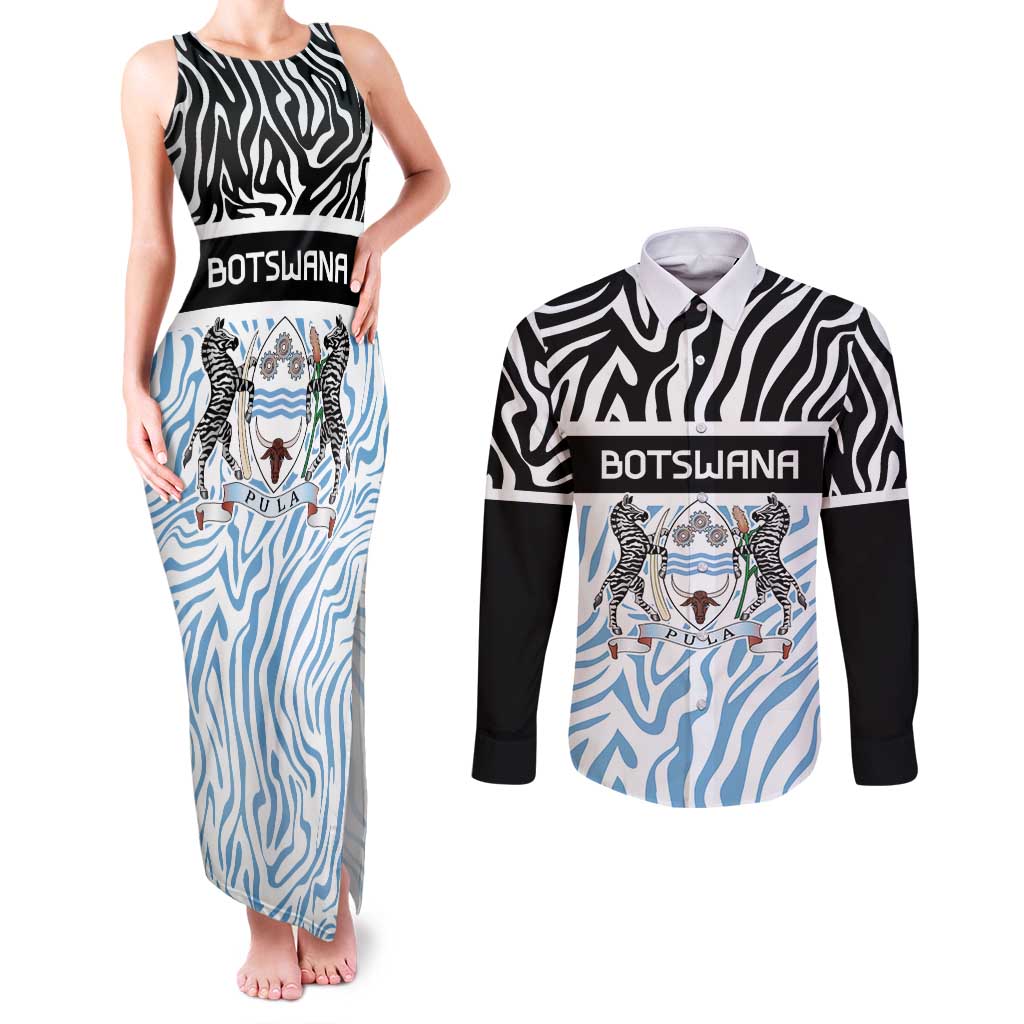 Botswana Personalized Couples Matching Tank Maxi Dress and Long Sleeve Button Shirt Zebra Skins Pattern - Wonder Print Shop