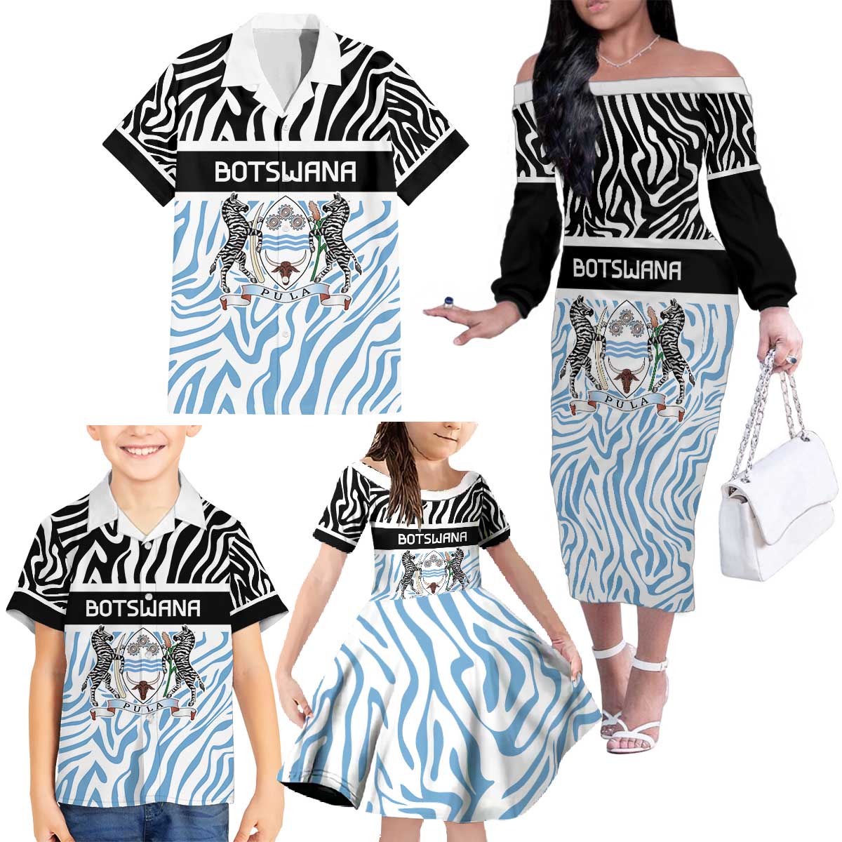 Botswana Personalized Family Matching Off The Shoulder Long Sleeve Dress and Hawaiian Shirt Zebra Skins Pattern - Wonder Print Shop