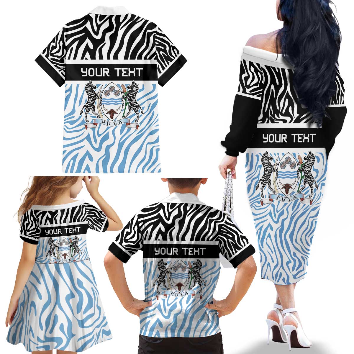 Botswana Personalized Family Matching Off The Shoulder Long Sleeve Dress and Hawaiian Shirt Zebra Skins Pattern - Wonder Print Shop