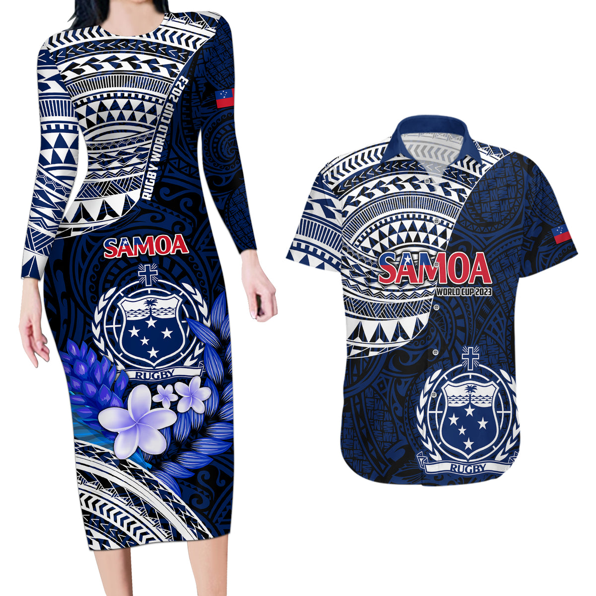 Custom Samoa Rugby Couples Matching Long Sleeve Bodycon Dress and Hawaiian Shirt Proud Samoa World Cup 2023 LT9 - Wonder Print Shop