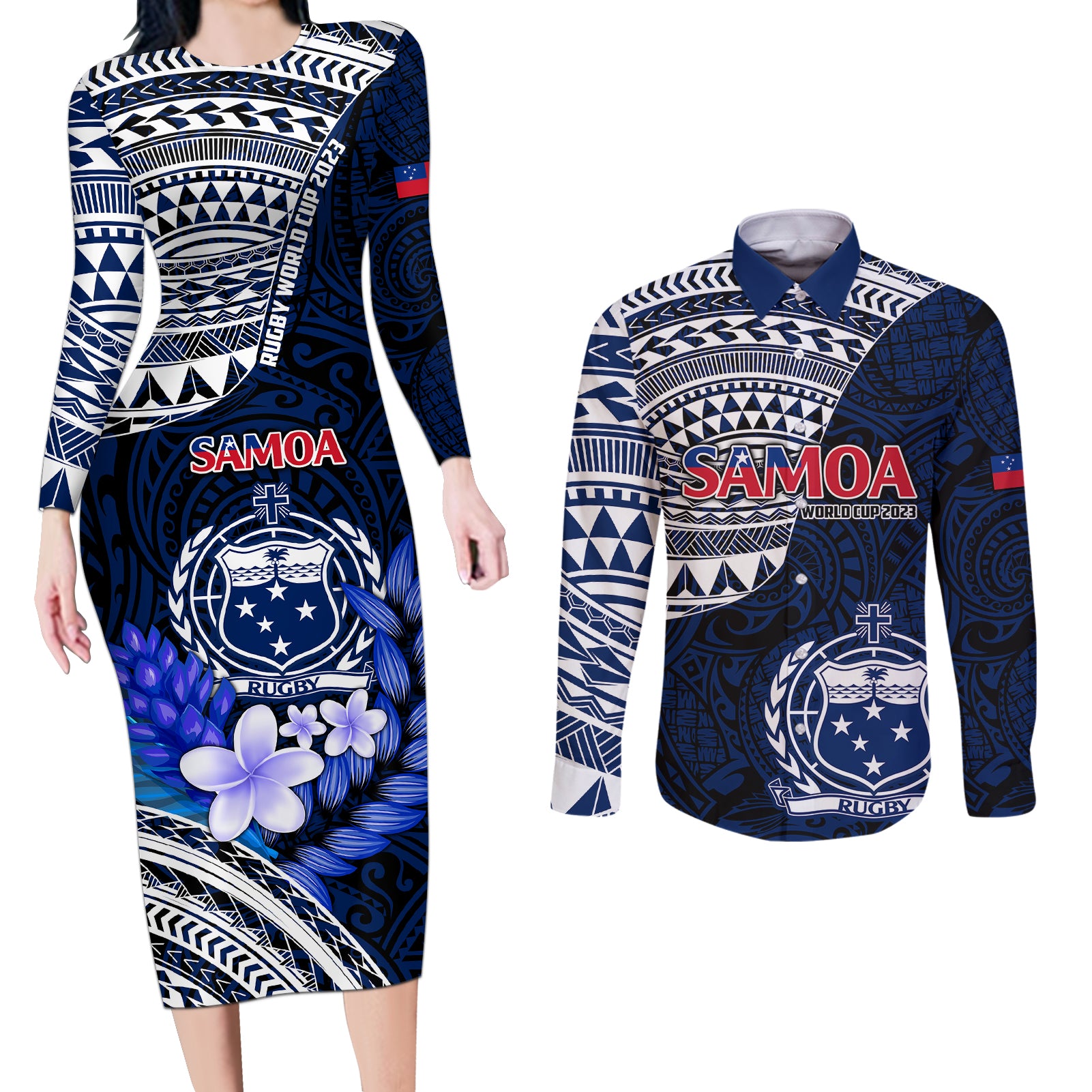 Custom Samoa Rugby Couples Matching Long Sleeve Bodycon Dress and Long Sleeve Button Shirts Proud Samoa World Cup 2023 LT9 - Wonder Print Shop