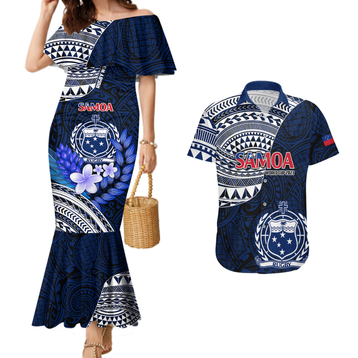 Custom Samoa Rugby Couples Matching Mermaid Dress and Hawaiian Shirt Proud Samoa World Cup 2023 LT9 - Wonder Print Shop