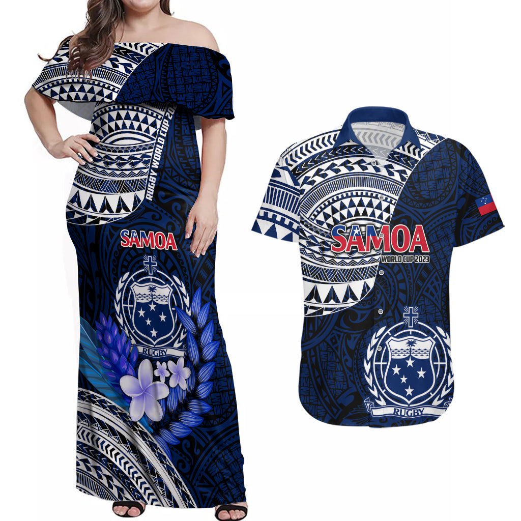 Custom Samoa Rugby Couples Matching Off Shoulder Maxi Dress and Hawaiian Shirt Proud Samoa World Cup 2023 LT9 - Wonder Print Shop
