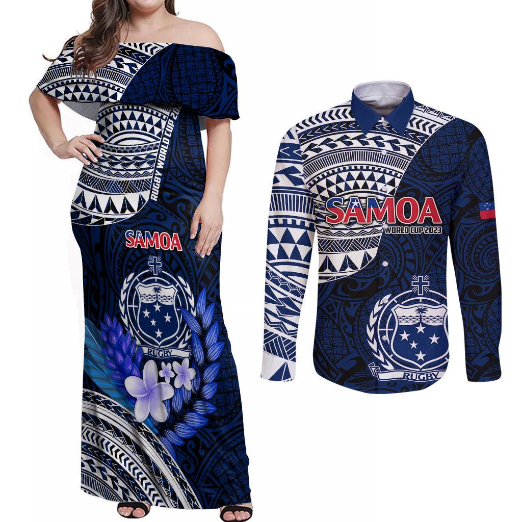 Custom Samoa Rugby Couples Matching Off Shoulder Maxi Dress and Long Sleeve Button Shirts Proud Samoa World Cup 2023 LT9 - Wonder Print Shop