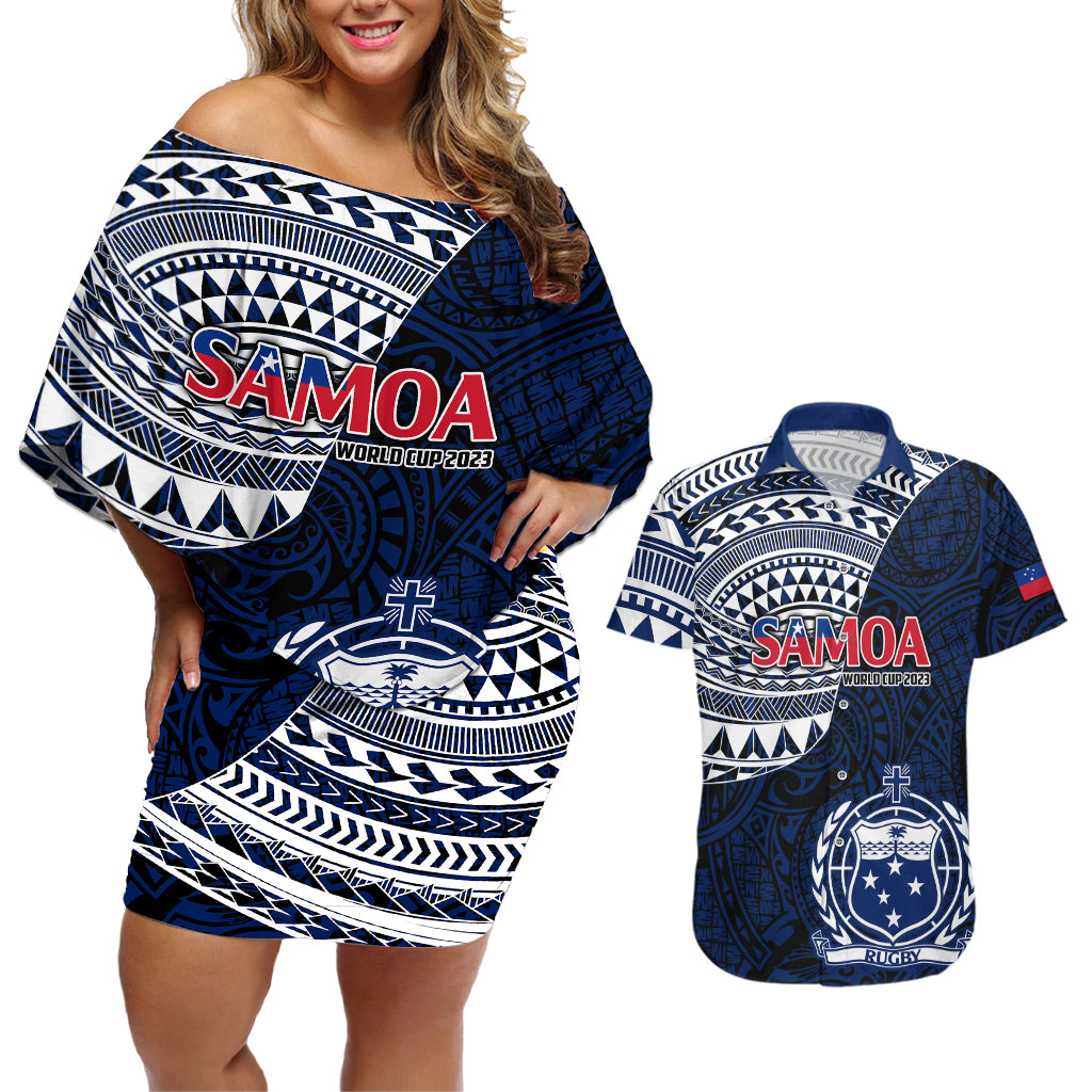 Custom Samoa Rugby Couples Matching Off Shoulder Short Dress and Hawaiian Shirt Proud Samoa World Cup 2023 LT9 - Wonder Print Shop
