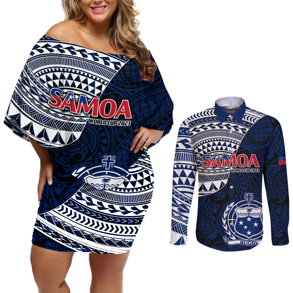 Custom Samoa Rugby Couples Matching Off Shoulder Short Dress and Long Sleeve Button Shirts Proud Samoa World Cup 2023 LT9 - Wonder Print Shop