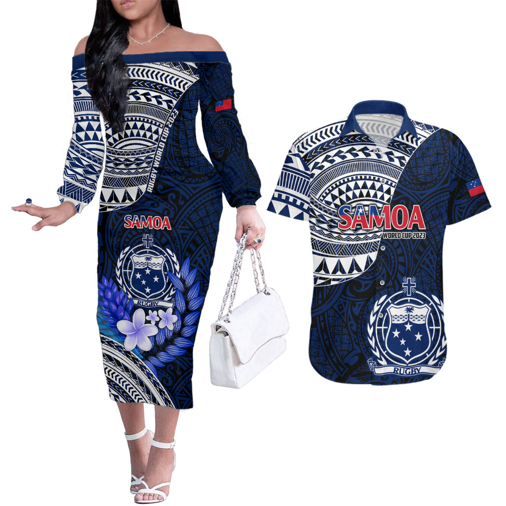 Custom Samoa Rugby Couples Matching Off The Shoulder Long Sleeve Dress and Hawaiian Shirt Proud Samoa World Cup 2023 LT9 - Wonder Print Shop