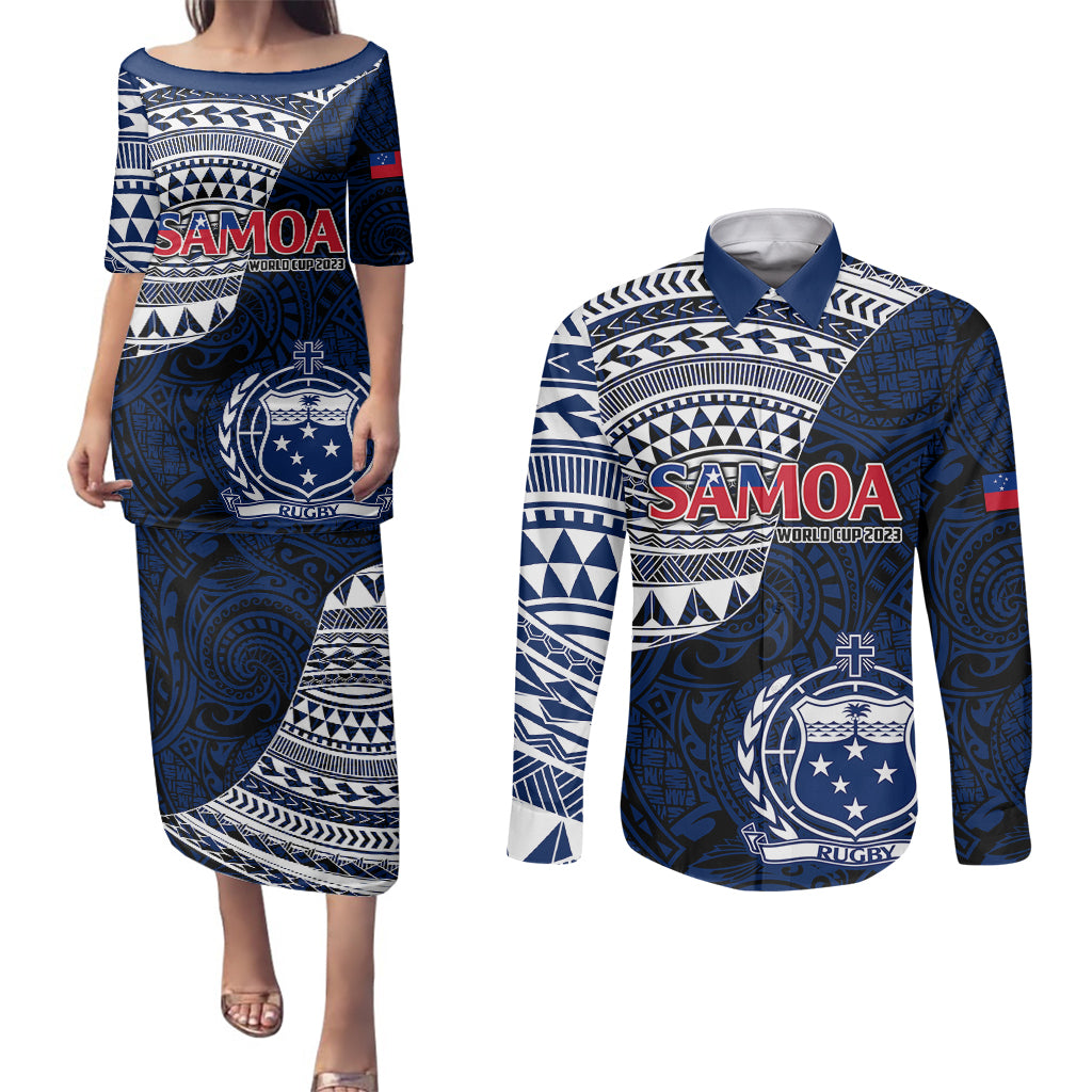Custom Samoa Rugby Couples Matching Puletasi Dress and Long Sleeve Button Shirts Proud Samoa World Cup 2023 LT9 - Wonder Print Shop