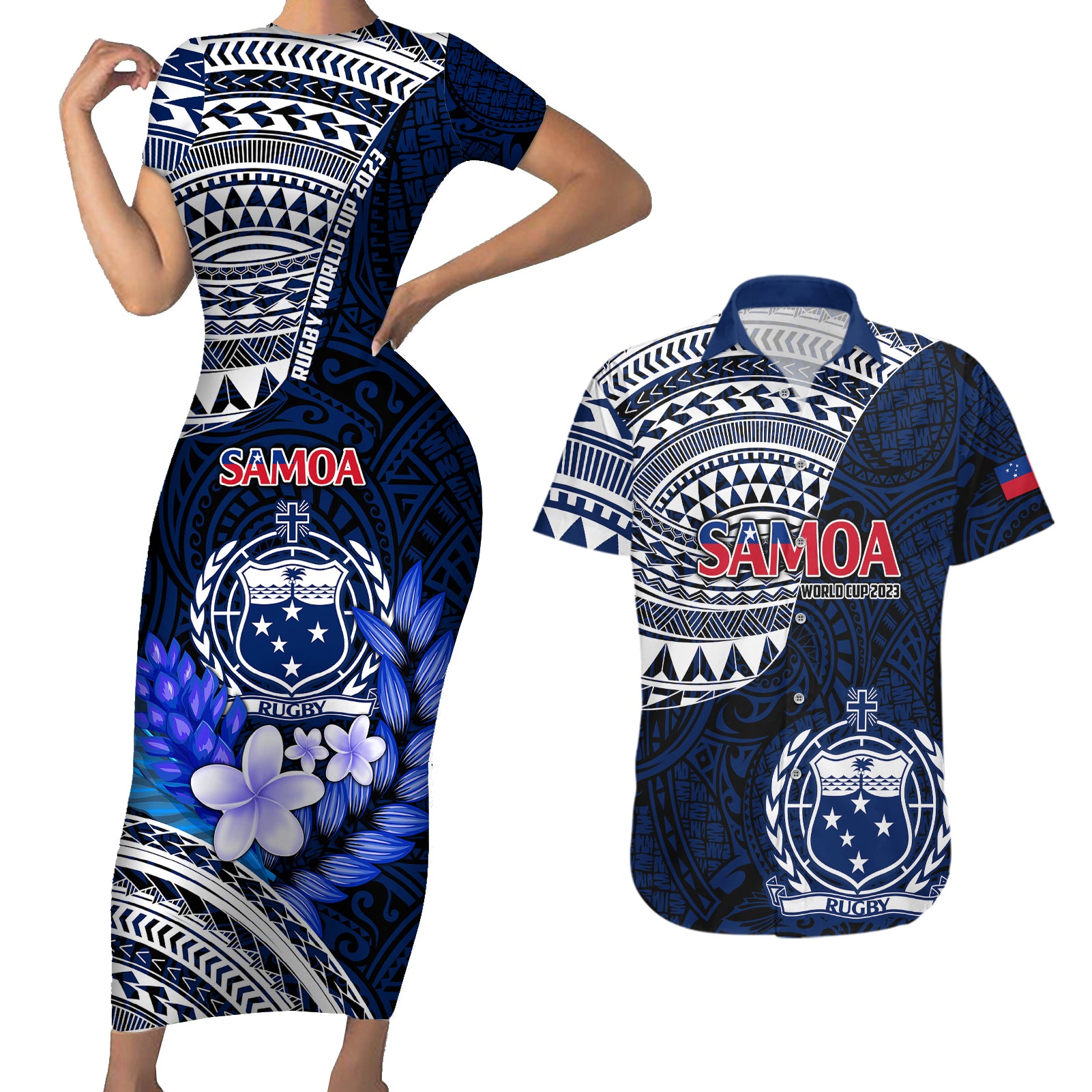 Custom Samoa Rugby Couples Matching Short Sleeve Bodycon Dress and Hawaiian Shirt Proud Samoa World Cup 2023 LT9 - Wonder Print Shop