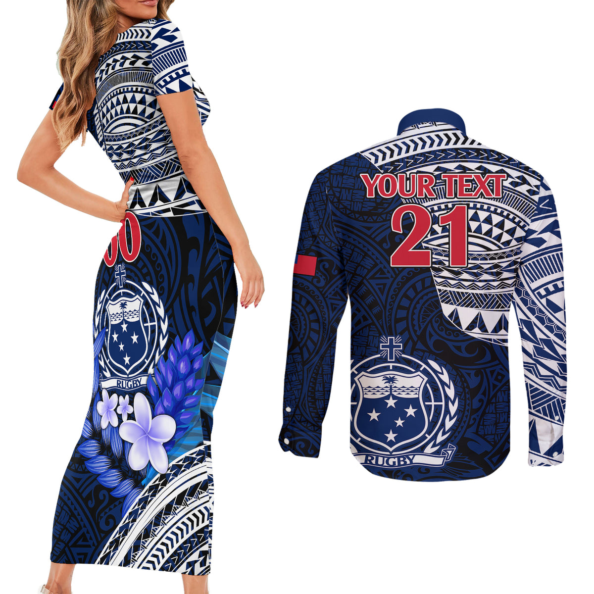 Custom Samoa Rugby Couples Matching Short Sleeve Bodycon Dress and Long Sleeve Button Shirts Proud Samoa World Cup 2023 LT9 - Wonder Print Shop