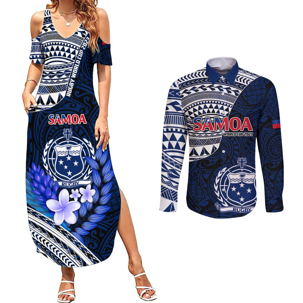 Custom Samoa Rugby Couples Matching Summer Maxi Dress and Long Sleeve Button Shirts Proud Samoa World Cup 2023 LT9 - Wonder Print Shop
