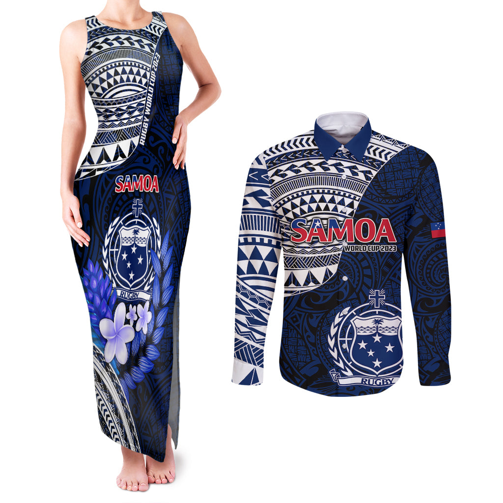 Custom Samoa Rugby Couples Matching Tank Maxi Dress and Long Sleeve Button Shirts Proud Samoa World Cup 2023 LT9 - Wonder Print Shop