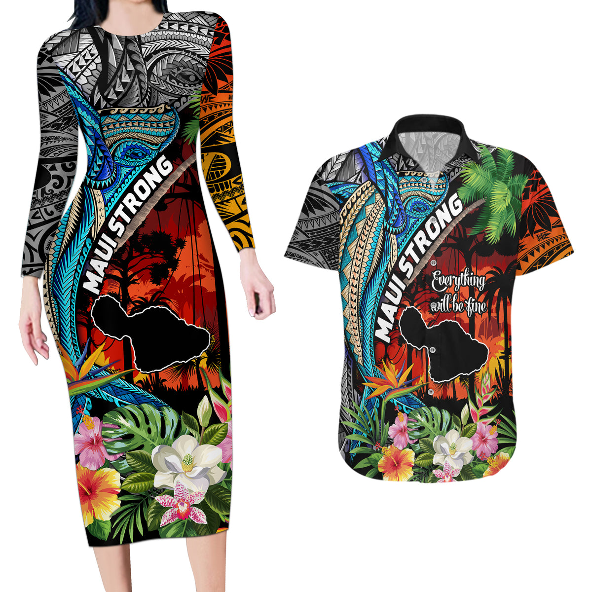 Hawaii Strong Maui Wildfire Couples Matching Long Sleeve Bodycon Dress and Hawaiian Shirt Pray For Lahaina Maui LT9 - Wonder Print Shop