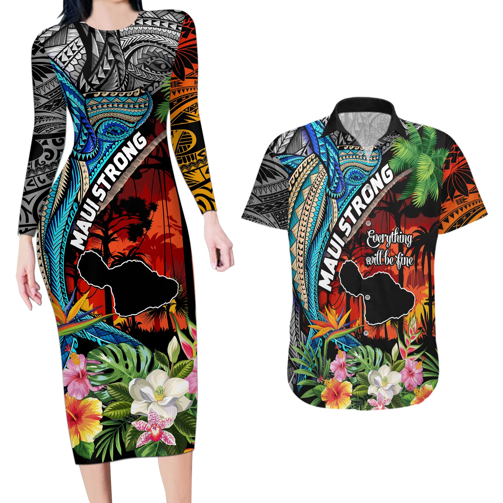 Hawaii Strong Maui Wildfire Couples Matching Long Sleeve Bodycon Dress and Hawaiian Shirt Pray For Lahaina Maui LT9 - Wonder Print Shop