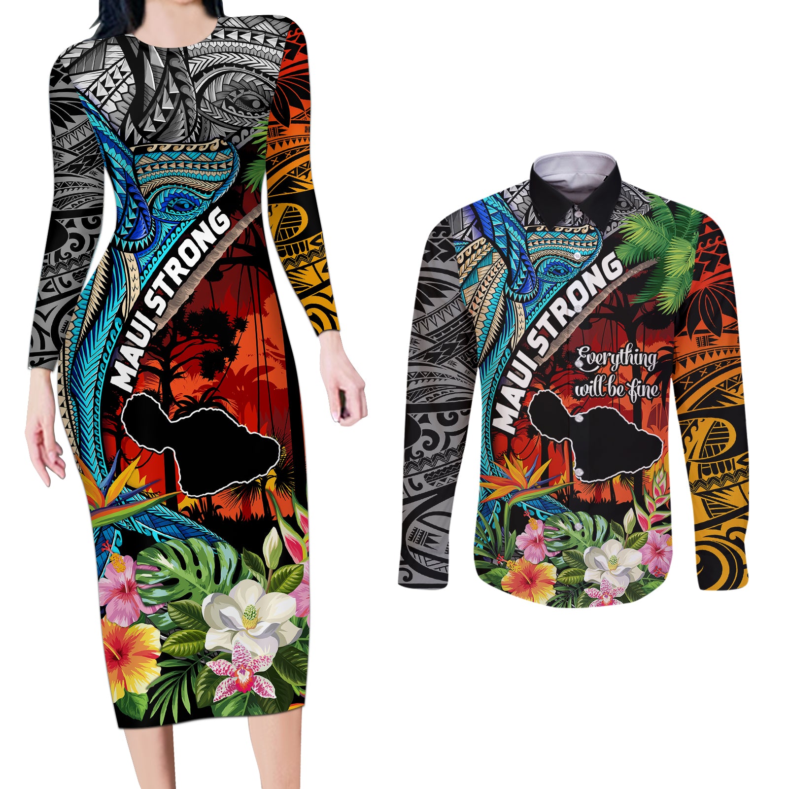 Hawaii Strong Maui Wildfire Couples Matching Long Sleeve Bodycon Dress and Long Sleeve Button Shirts Pray For Lahaina Maui LT9 - Wonder Print Shop