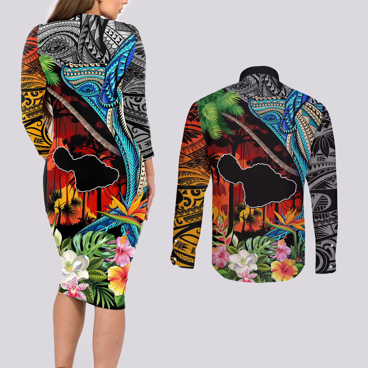 Hawaii Strong Maui Wildfire Couples Matching Long Sleeve Bodycon Dress and Long Sleeve Button Shirts Pray For Lahaina Maui LT9 - Wonder Print Shop