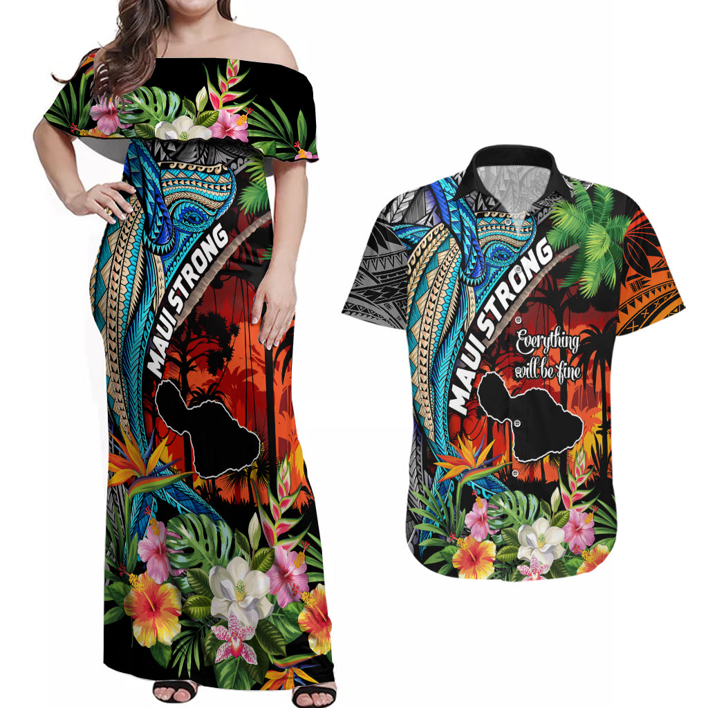 Hawaii Strong Maui Wildfire Couples Matching Off Shoulder Maxi Dress and Hawaiian Shirt Pray For Lahaina Maui LT9 - Wonder Print Shop