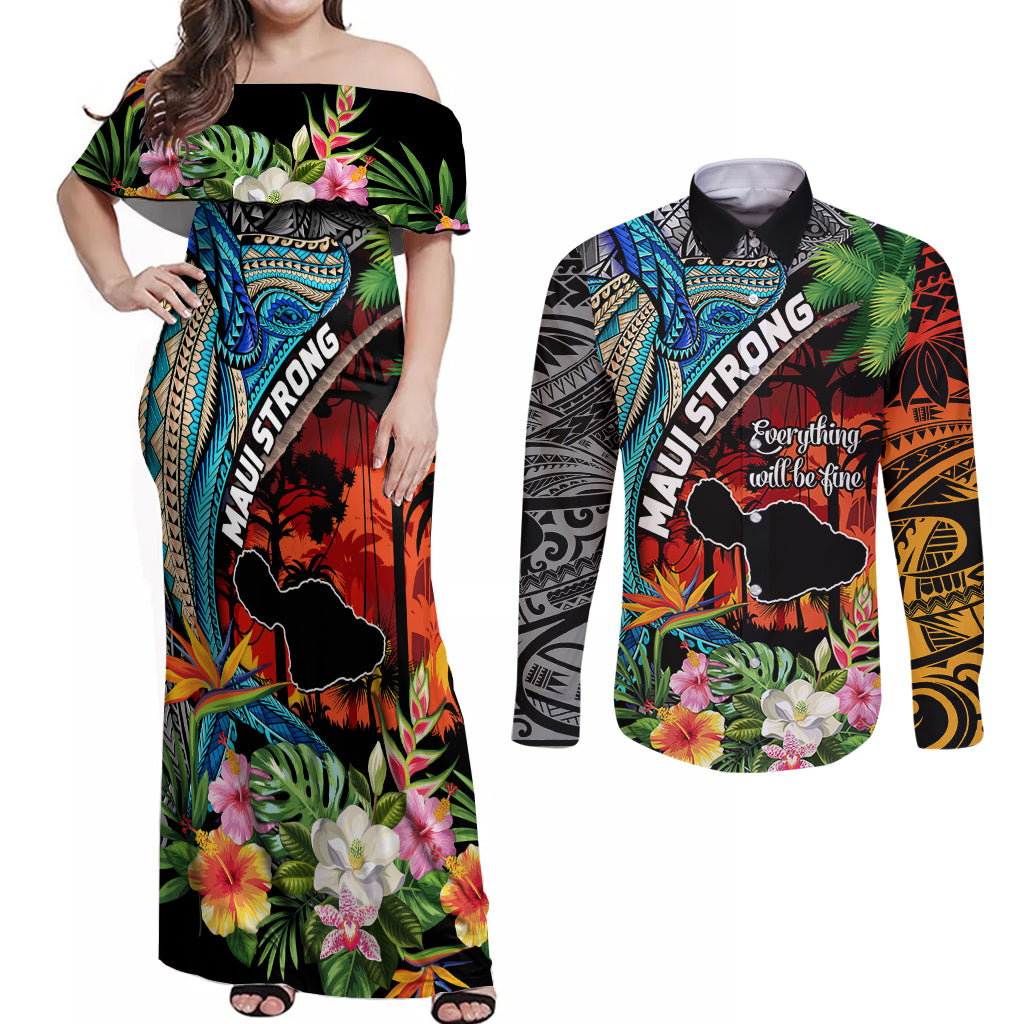 Hawaii Strong Maui Wildfire Couples Matching Off Shoulder Maxi Dress and Long Sleeve Button Shirts Pray For Lahaina Maui LT9 - Wonder Print Shop