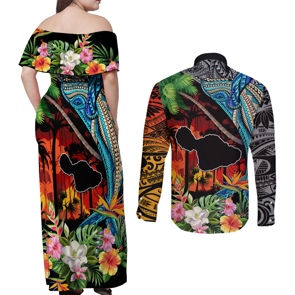 Hawaii Strong Maui Wildfire Couples Matching Off Shoulder Maxi Dress and Long Sleeve Button Shirts Pray For Lahaina Maui LT9 - Wonder Print Shop