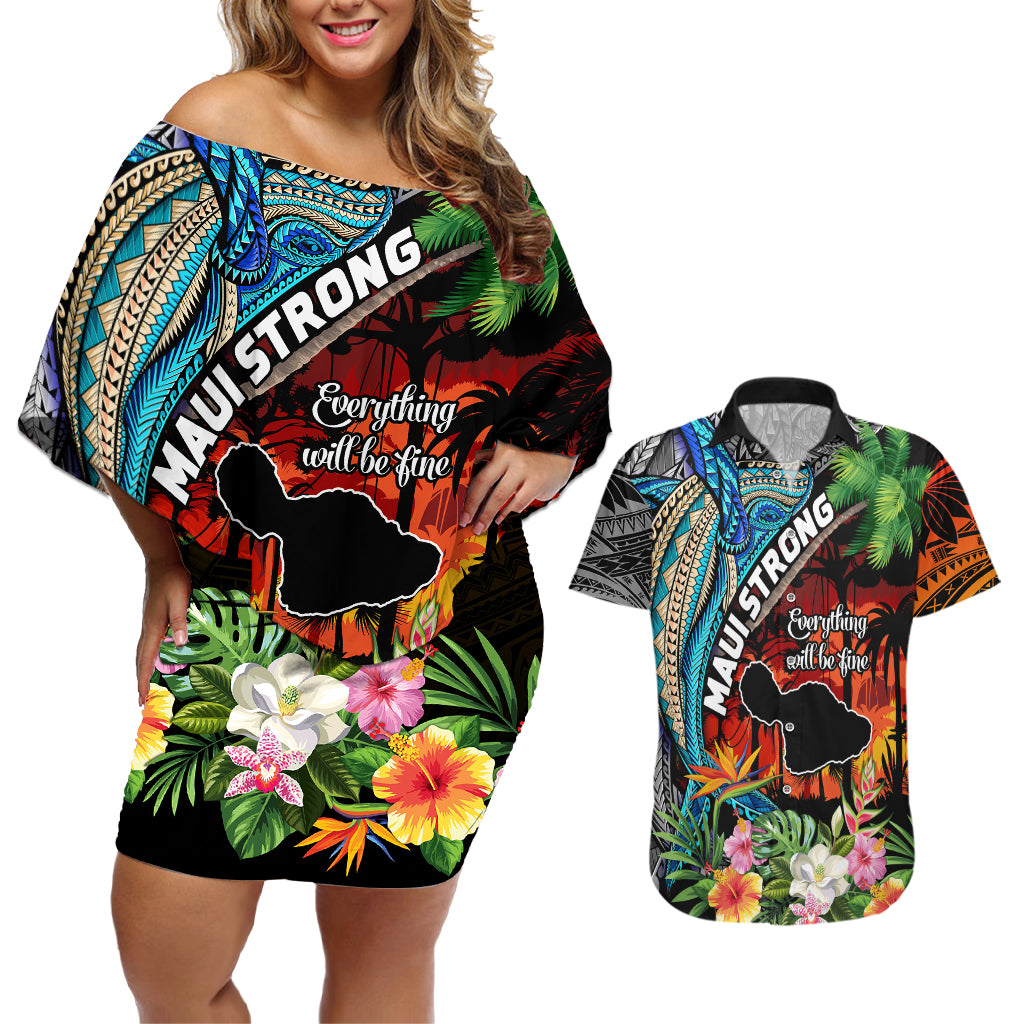 Hawaii Strong Maui Wildfire Couples Matching Off Shoulder Short Dress and Hawaiian Shirt Pray For Lahaina Maui LT9 - Wonder Print Shop