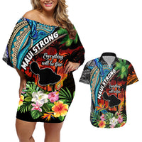 Hawaii Strong Maui Wildfire Couples Matching Off Shoulder Short Dress and Hawaiian Shirt Pray For Lahaina Maui LT9 - Wonder Print Shop