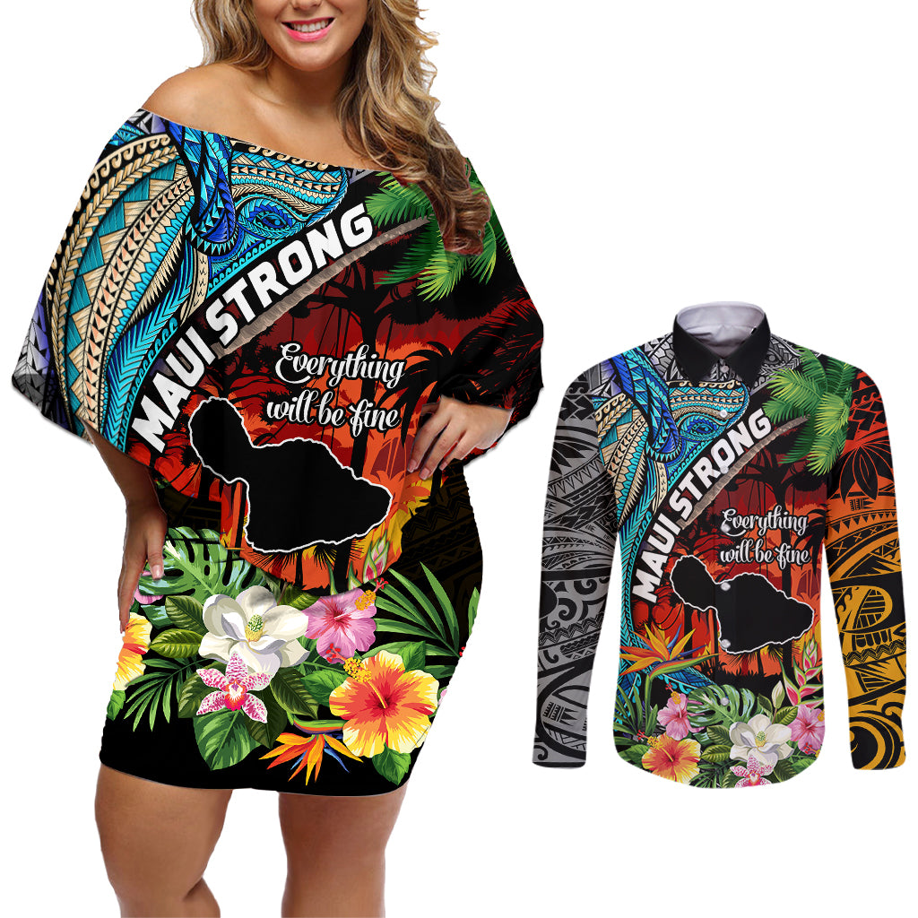 Hawaii Strong Maui Wildfire Couples Matching Off Shoulder Short Dress and Long Sleeve Button Shirts Pray For Lahaina Maui LT9 - Wonder Print Shop