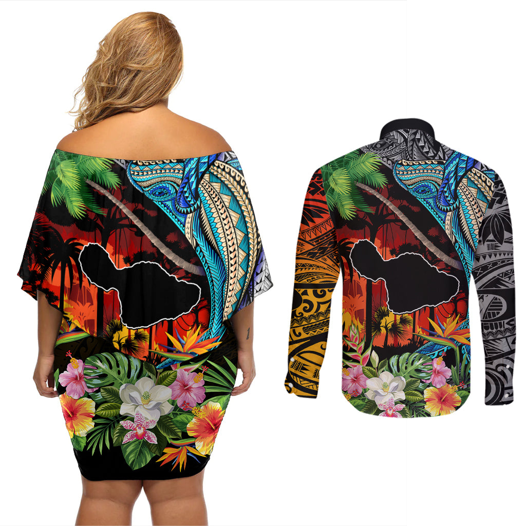 Hawaii Strong Maui Wildfire Couples Matching Off Shoulder Short Dress and Long Sleeve Button Shirts Pray For Lahaina Maui LT9 - Wonder Print Shop