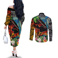 hawaii-strong-maui-wildfire-couples-matching-off-the-shoulder-long-sleeve-dress-and-long-sleeve-button-shirts-pray-for-lahaina-maui
