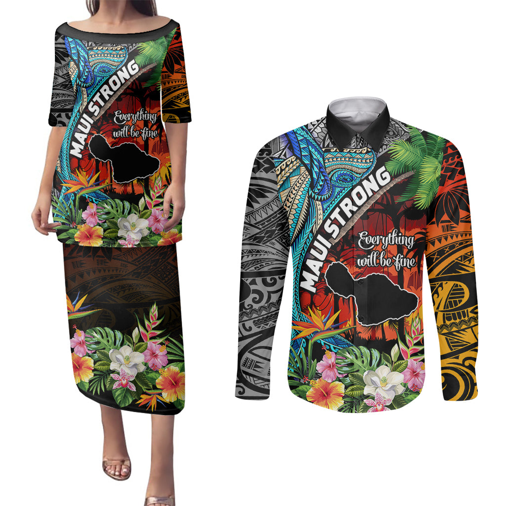 Hawaii Strong Maui Wildfire Couples Matching Puletasi Dress and Long Sleeve Button Shirts Pray For Lahaina Maui LT9 - Wonder Print Shop