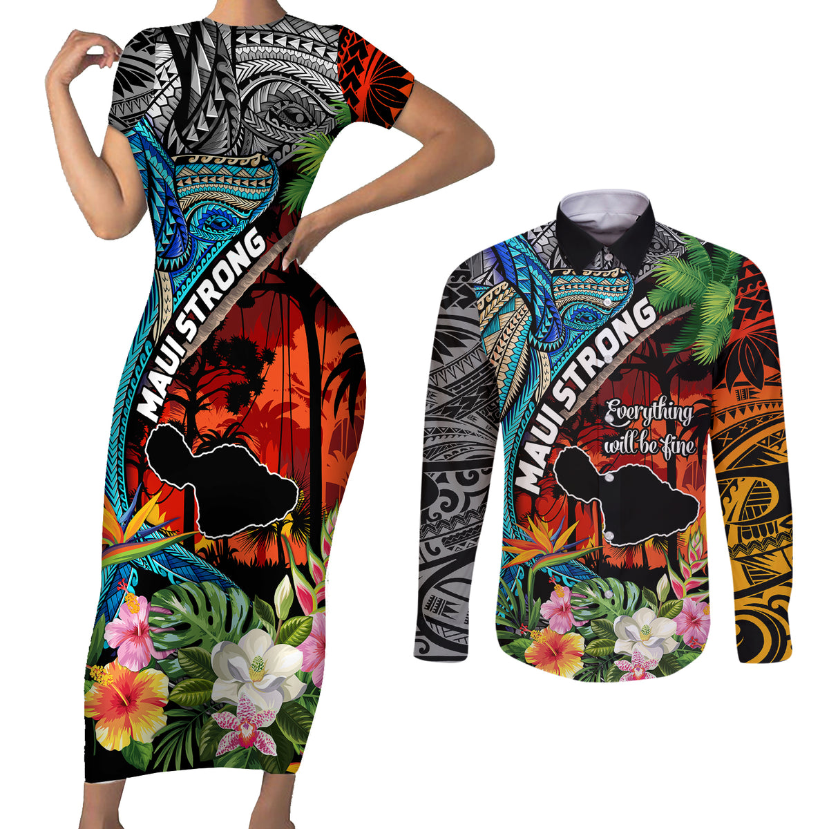 Hawaii Strong Maui Wildfire Couples Matching Short Sleeve Bodycon Dress and Long Sleeve Button Shirts Pray For Lahaina Maui LT9 - Wonder Print Shop