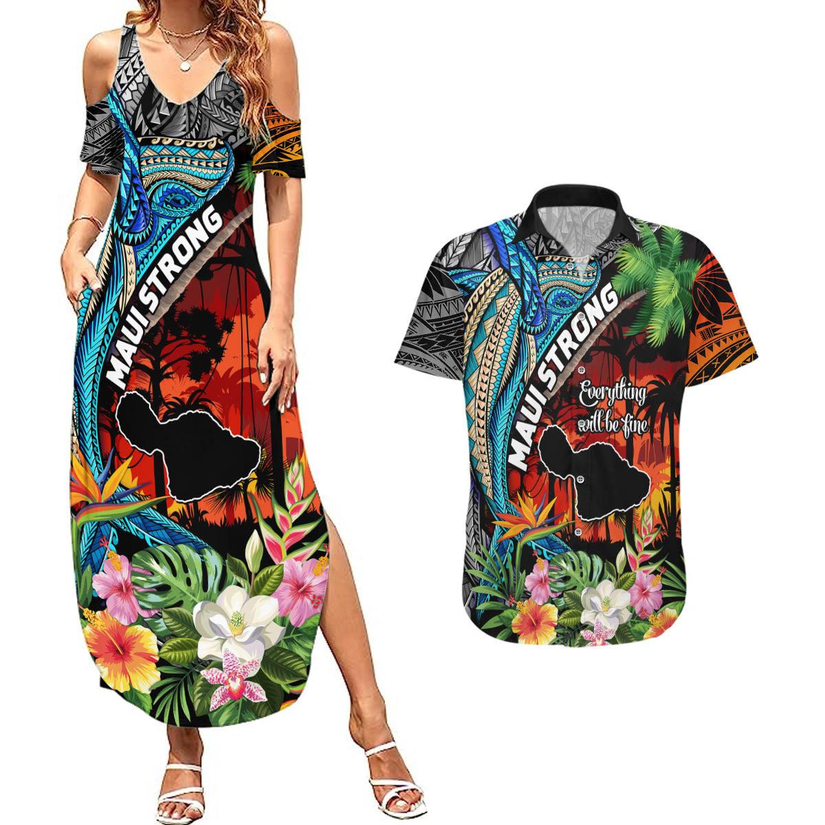 Hawaii Strong Maui Wildfire Couples Matching Summer Maxi Dress and Hawaiian Shirt Pray For Lahaina Maui LT9 - Wonder Print Shop