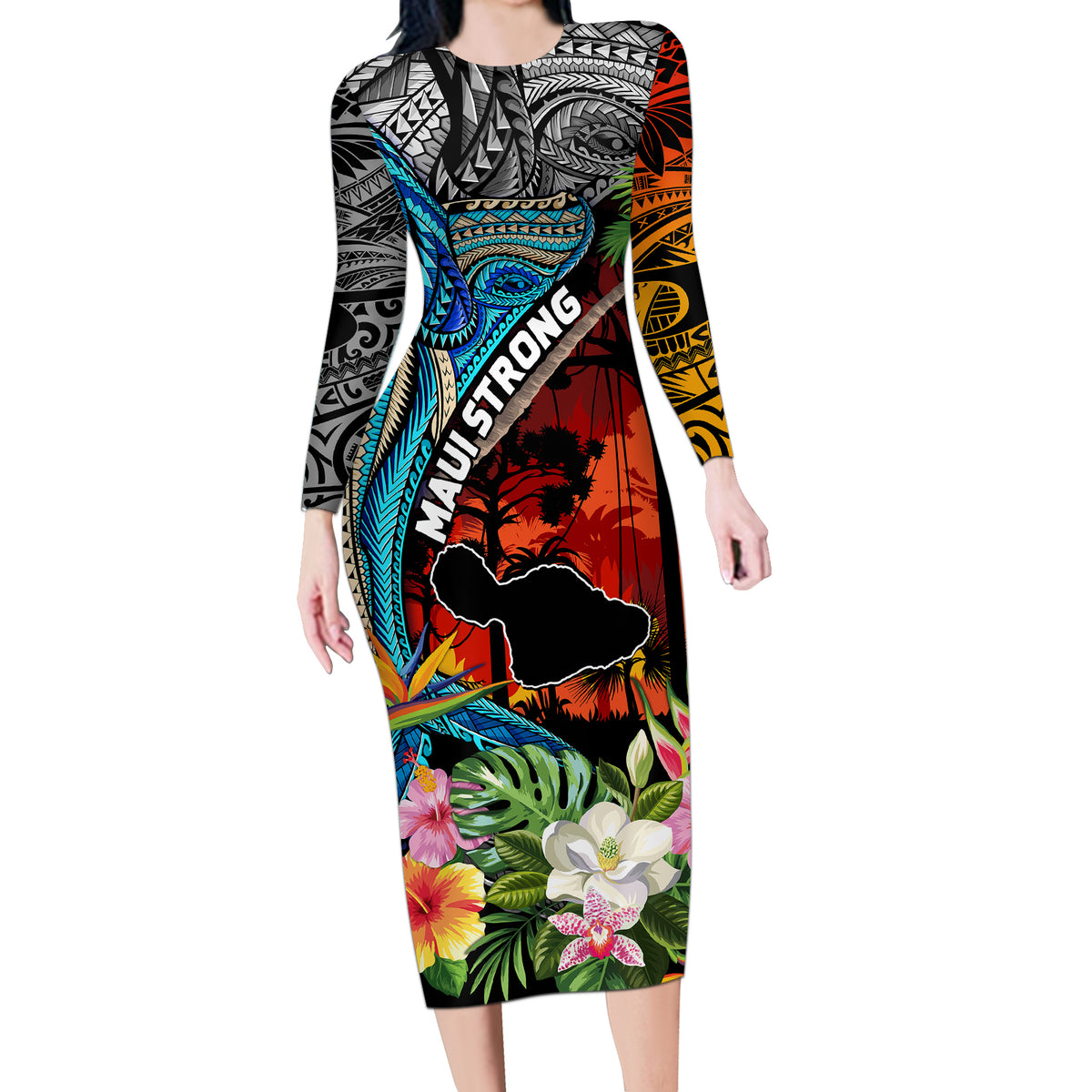 Hawaii Strong Maui Wildfire Long Sleeve Bodycon Dress Pray For Lahaina Maui - Wonder Print Shop