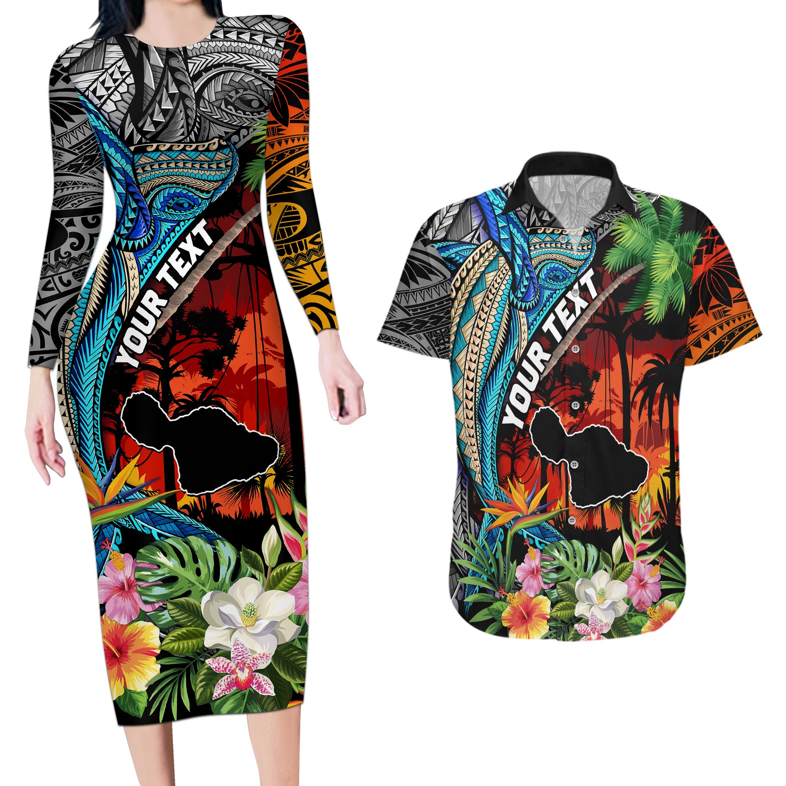 Personalised Hawaii Strong Maui Wildfire Couples Matching Long Sleeve Bodycon Dress and Hawaiian Shirt Pray For Lahaina Maui LT9 - Wonder Print Shop
