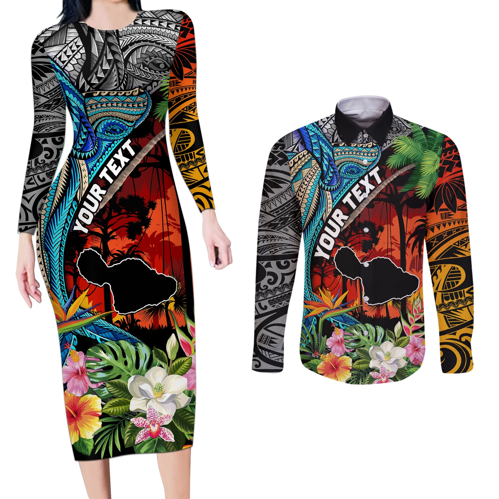Personalised Hawaii Strong Maui Wildfire Couples Matching Long Sleeve Bodycon Dress and Long Sleeve Button Shirts Pray For Lahaina Maui LT9 - Wonder Print Shop