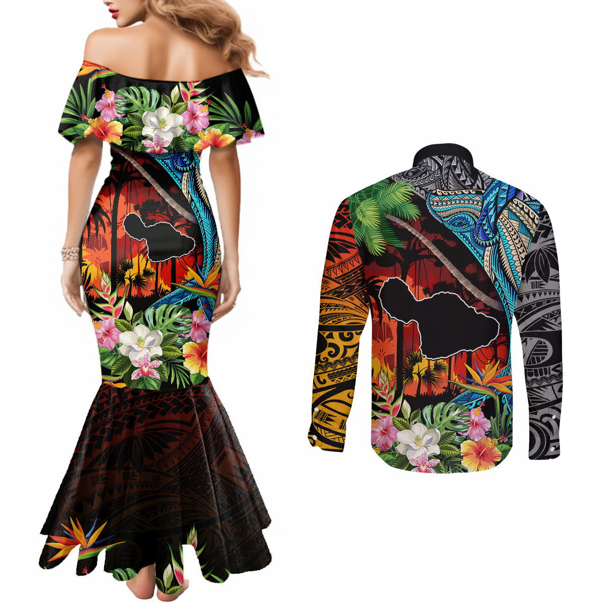 personalised-hawaii-strong-maui-wildfire-couples-matching-mermaid-dress-and-long-sleeve-button-shirts-pray-for-lahaina-maui