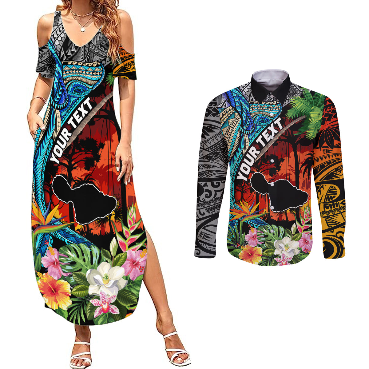 Personalised Hawaii Strong Maui Wildfire Couples Matching Summer Maxi Dress and Long Sleeve Button Shirts Pray For Lahaina Maui LT9 - Wonder Print Shop