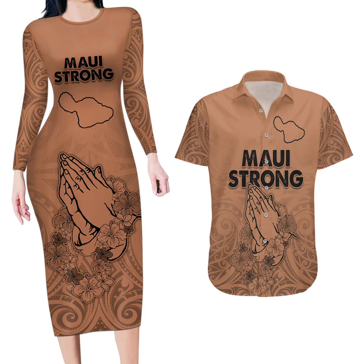 Hawaii Strong Maui Wildfire Couples Matching Long Sleeve Bodycon Dress and Hawaiian Shirt No1 LT9 - Wonder Print Shop