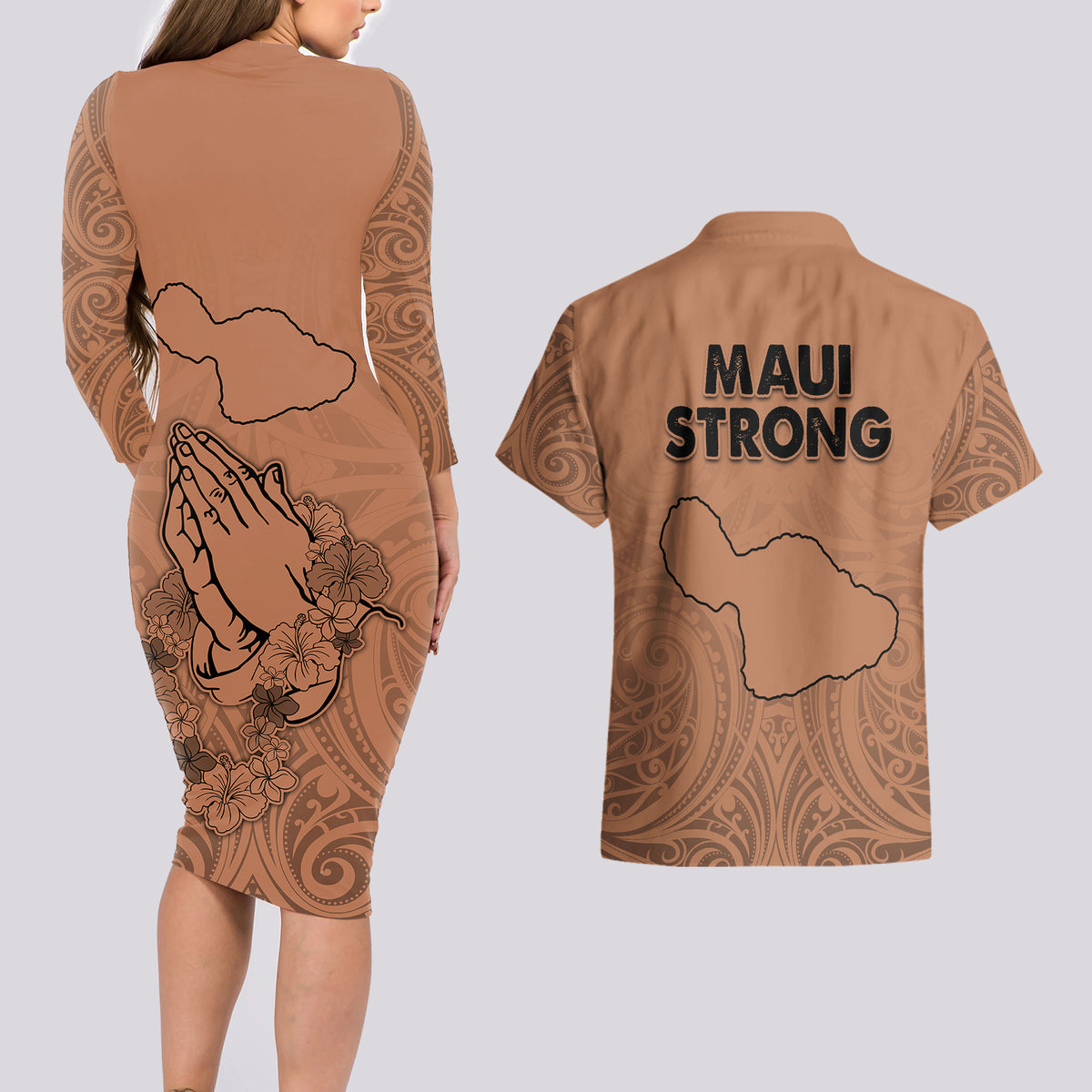 Hawaii Strong Maui Wildfire Couples Matching Long Sleeve Bodycon Dress and Hawaiian Shirt No1 LT9 - Wonder Print Shop