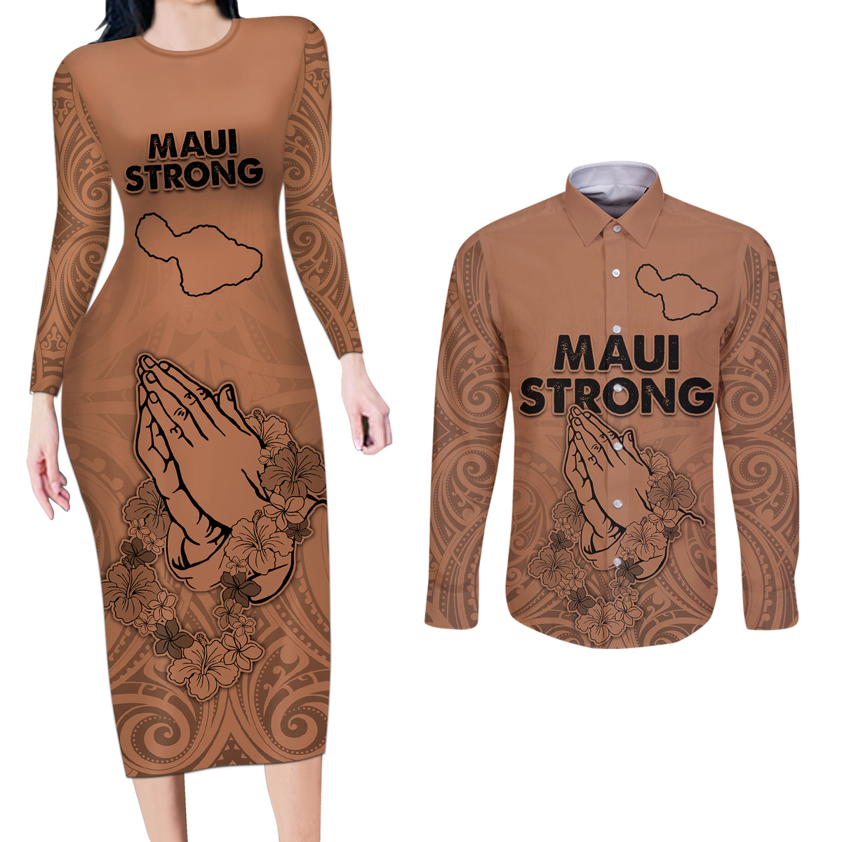 Hawaii Strong Maui Wildfire Couples Matching Long Sleeve Bodycon Dress and Long Sleeve Button Shirts No1 LT9 - Wonder Print Shop