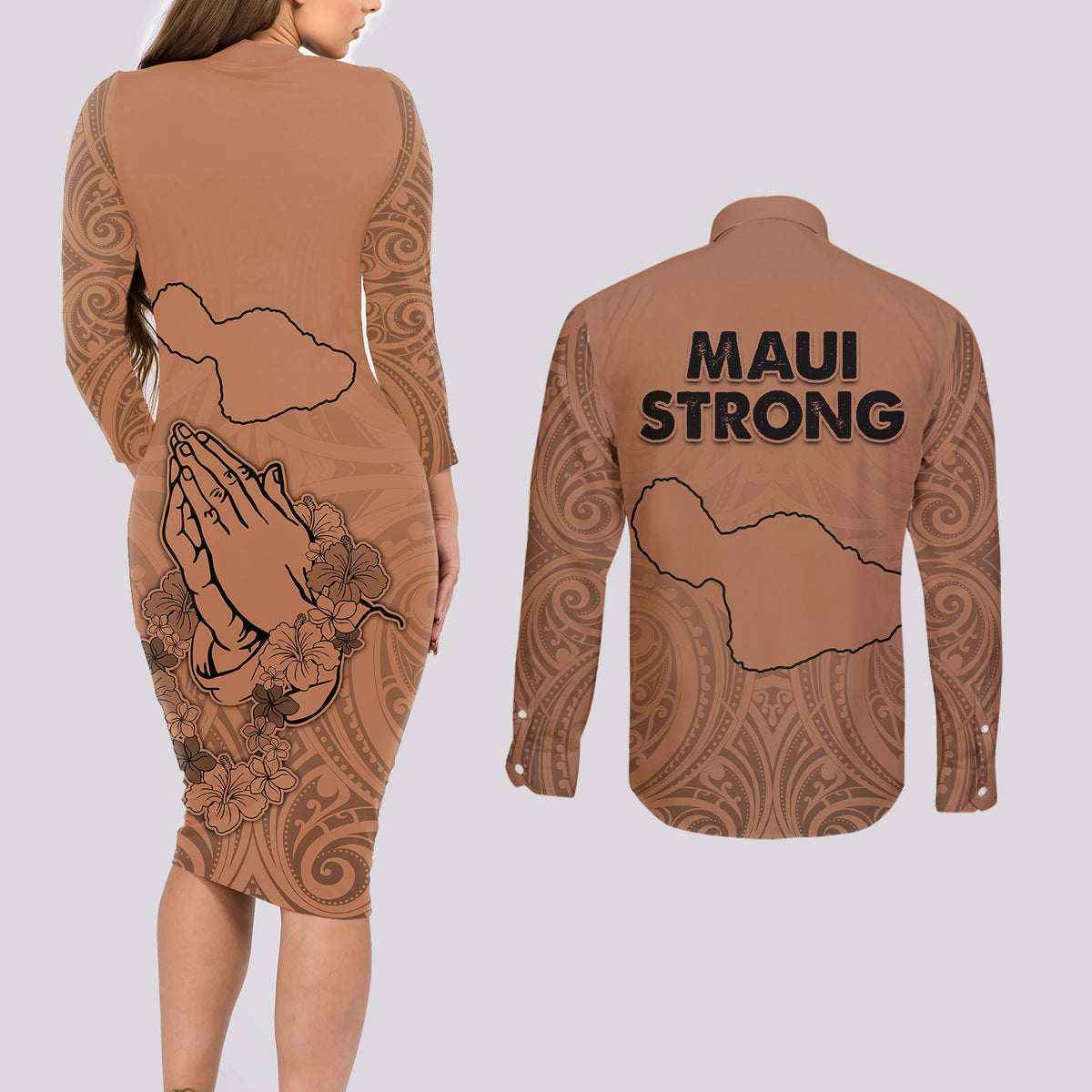 Hawaii Strong Maui Wildfire Couples Matching Long Sleeve Bodycon Dress and Long Sleeve Button Shirts No1 LT9 - Wonder Print Shop