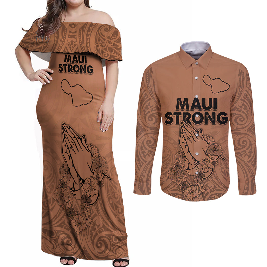 Hawaii Strong Maui Wildfire Couples Matching Off Shoulder Maxi Dress and Long Sleeve Button Shirts No1 LT9 - Wonder Print Shop
